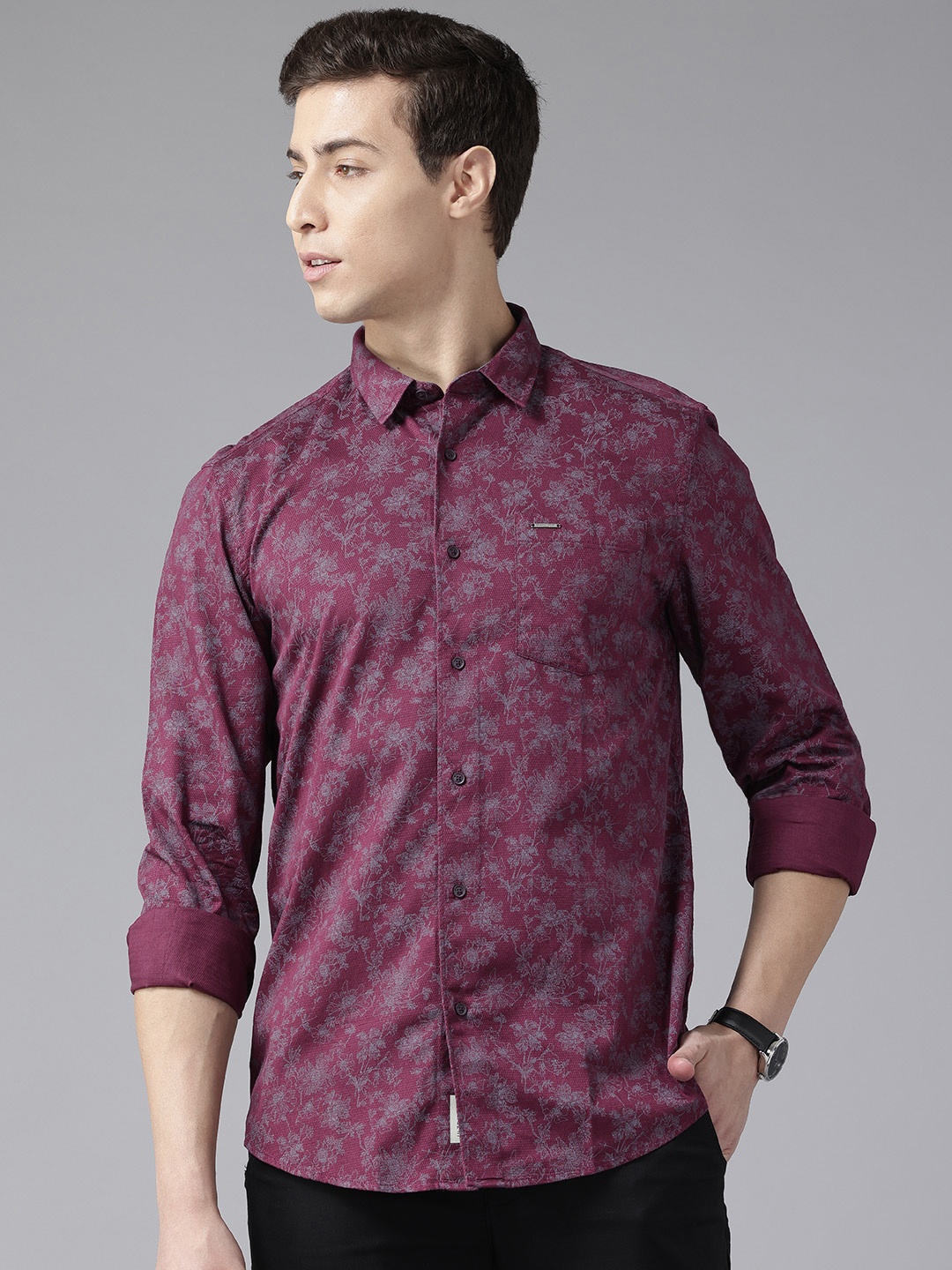 

Blackberrys Pure Cotton Slim Fit Floral Print Casual Shirt, Purple