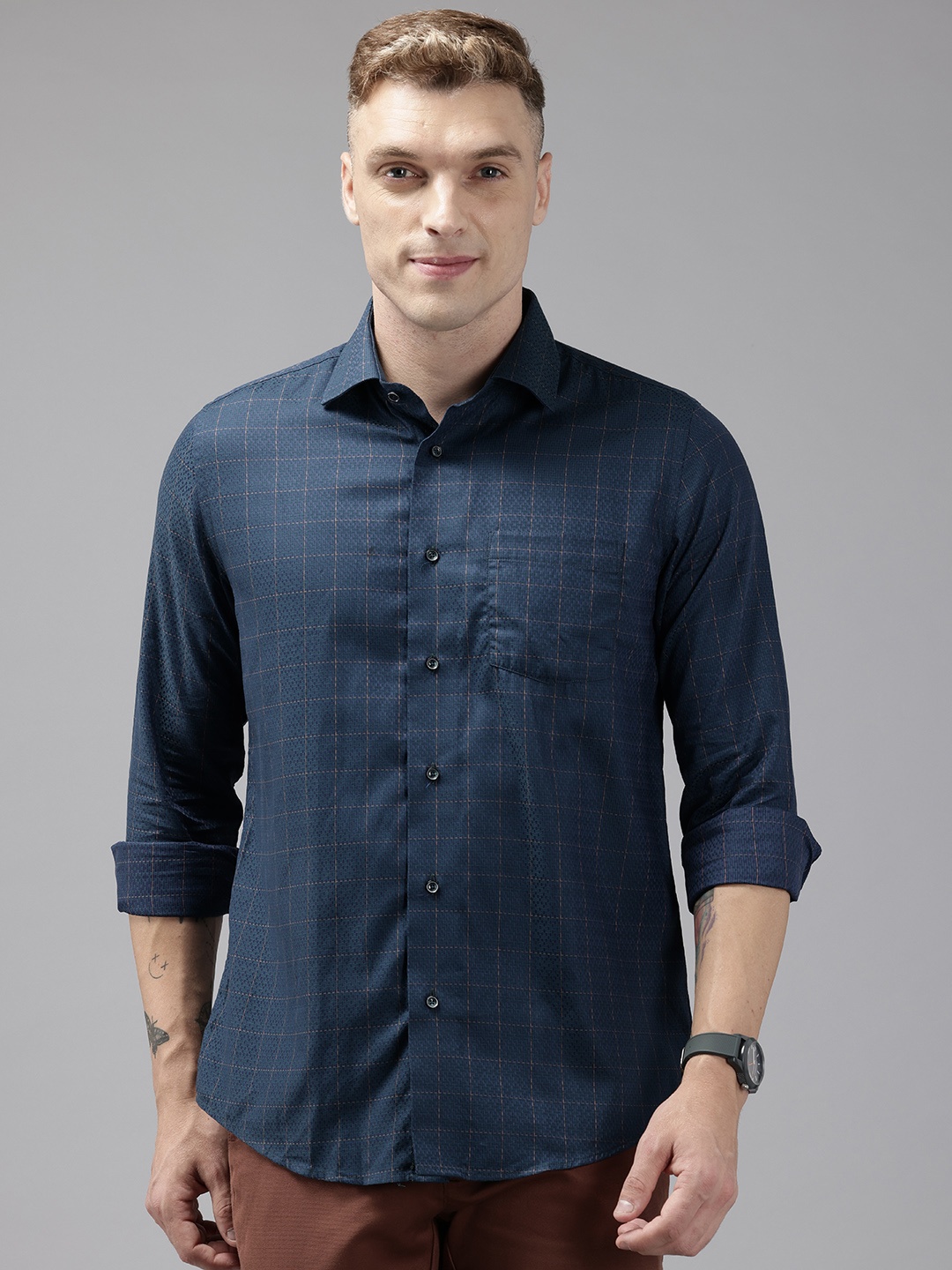 

Blackberrys Checked Slim Fit Formal Shirt, Teal