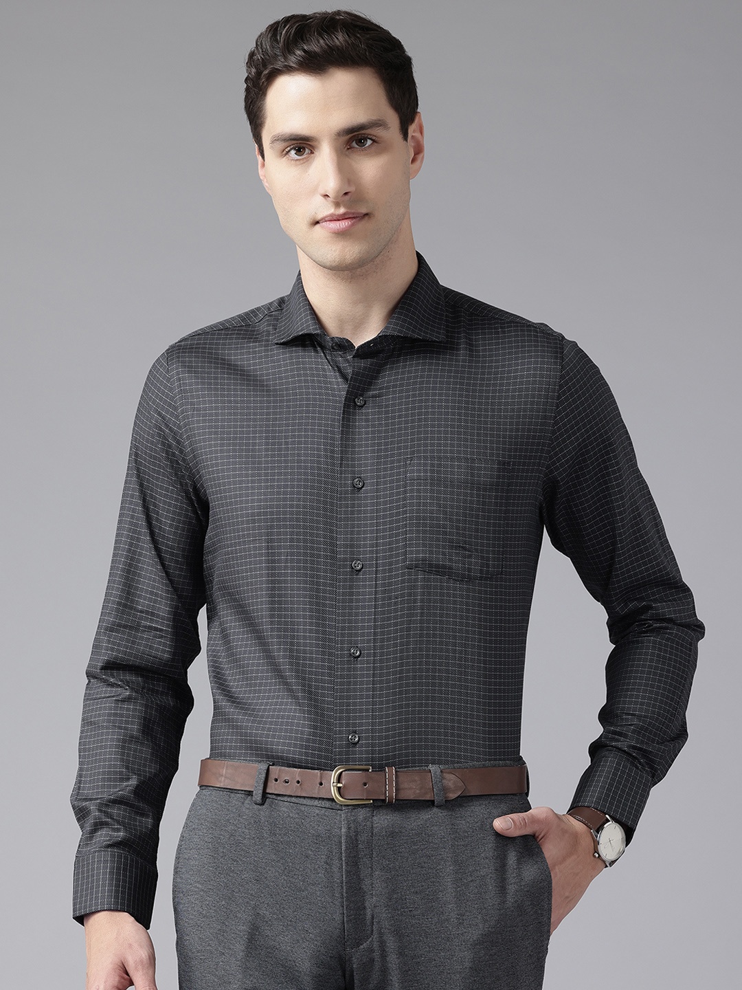 

Blackberrys India Slim Fit Checked Pure Cotton Formal Shirt, Black