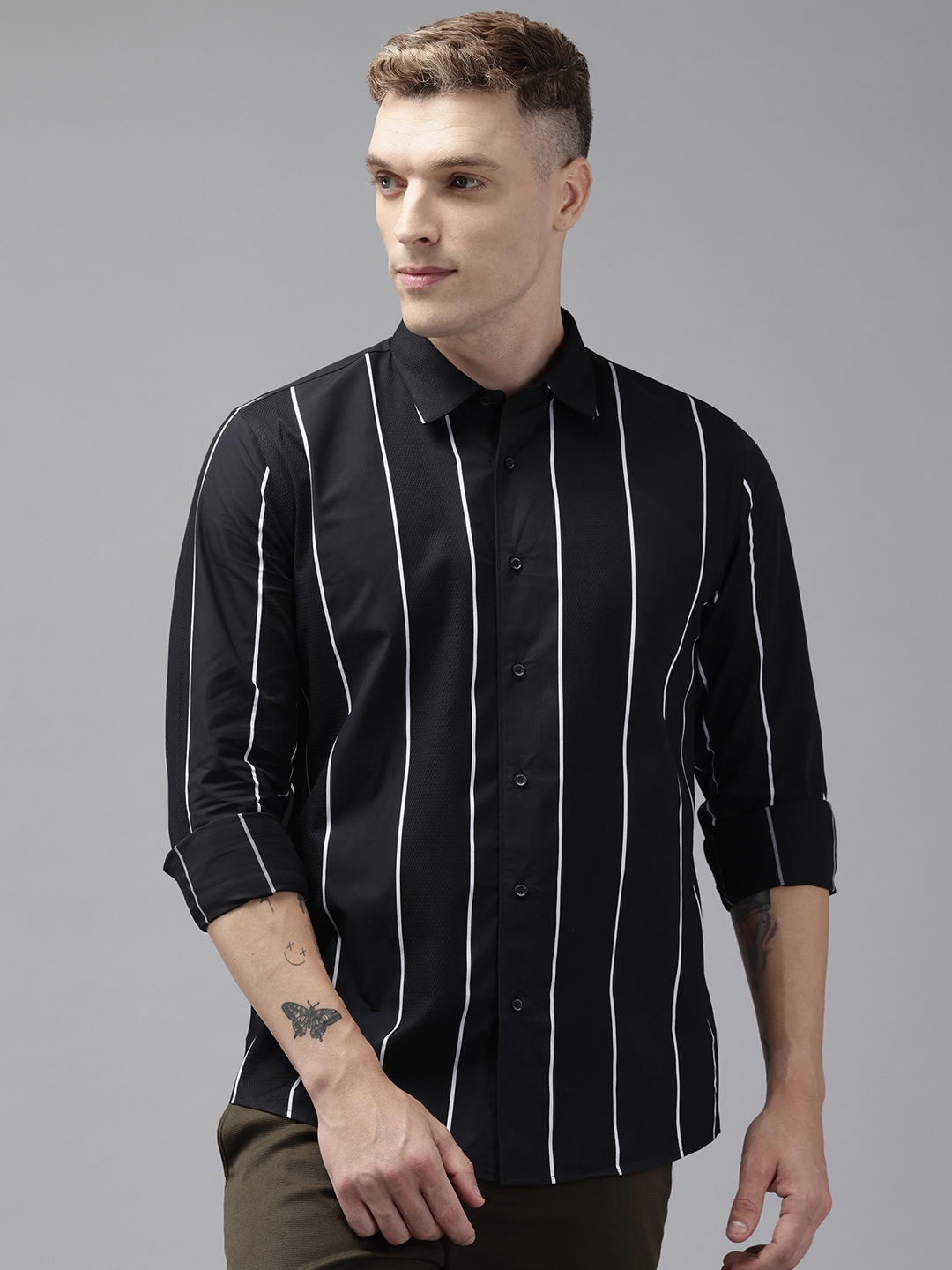 

Blackberrys Pure Cotton India Slim Fit Striped Casual Shirt, Black