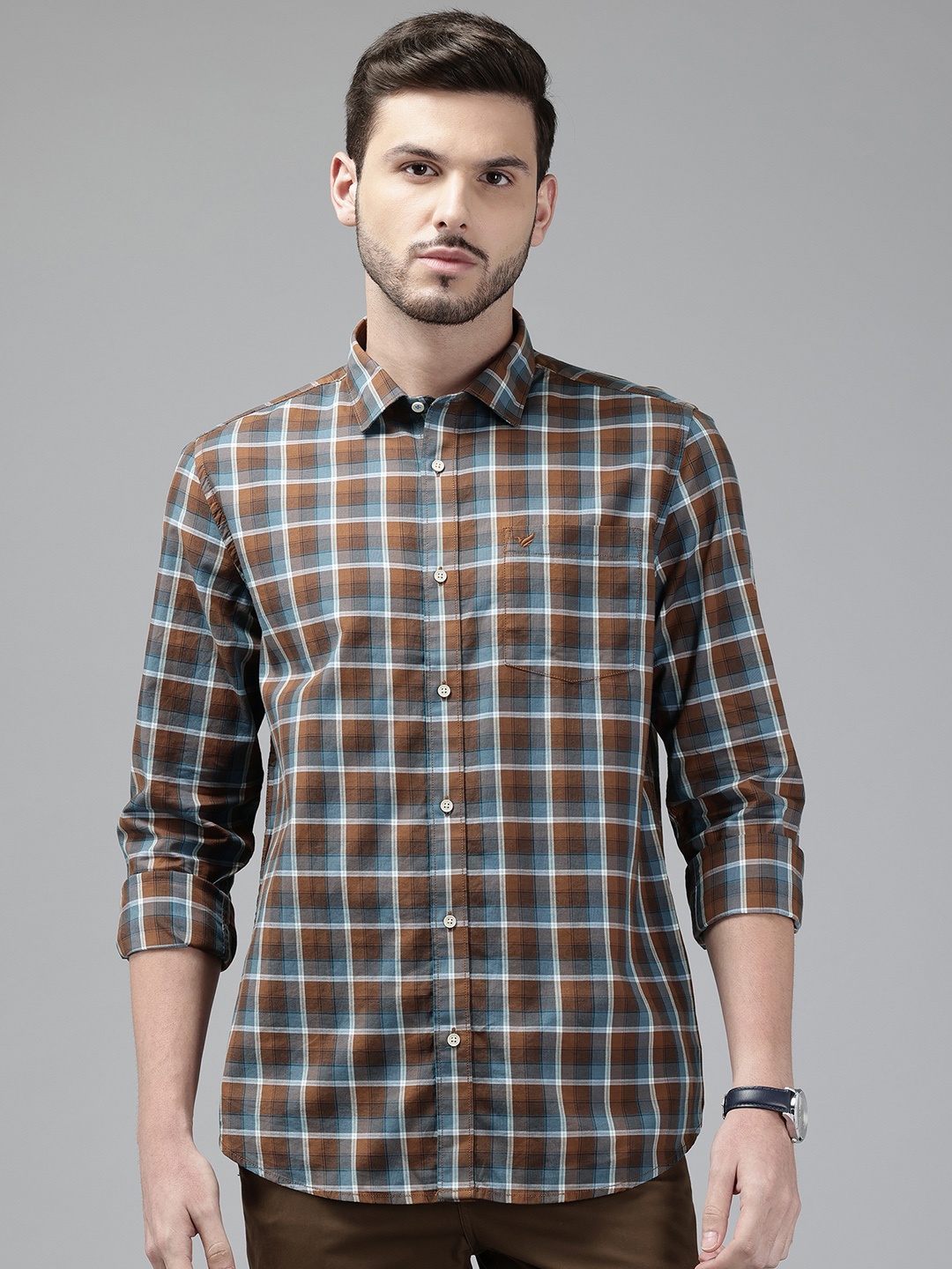 

Blackberrys Pure Cotton Skinny Fit Checked Casual Shirt, Brown
