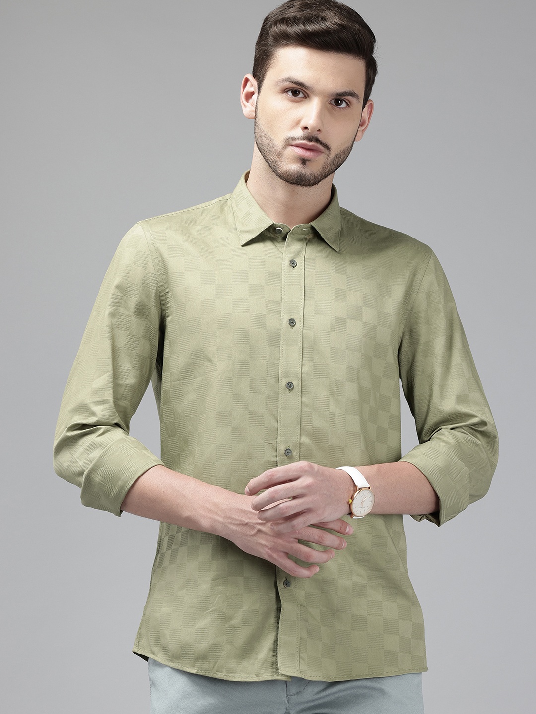 

Blackberrys Pure Cotton Skinny Fit Self Checked Casual Shirt, Green