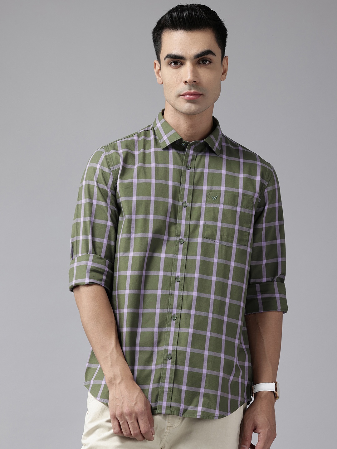 

Blackberrys Men Slim Fit Pure Cotton Checked Casual Shirt, Olive