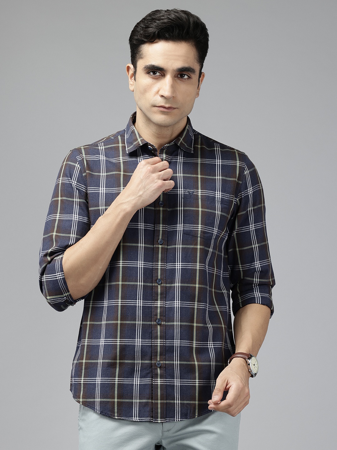 

Blackberrys Men Slim Fit Cotton Checked Casual Shirt, Navy blue