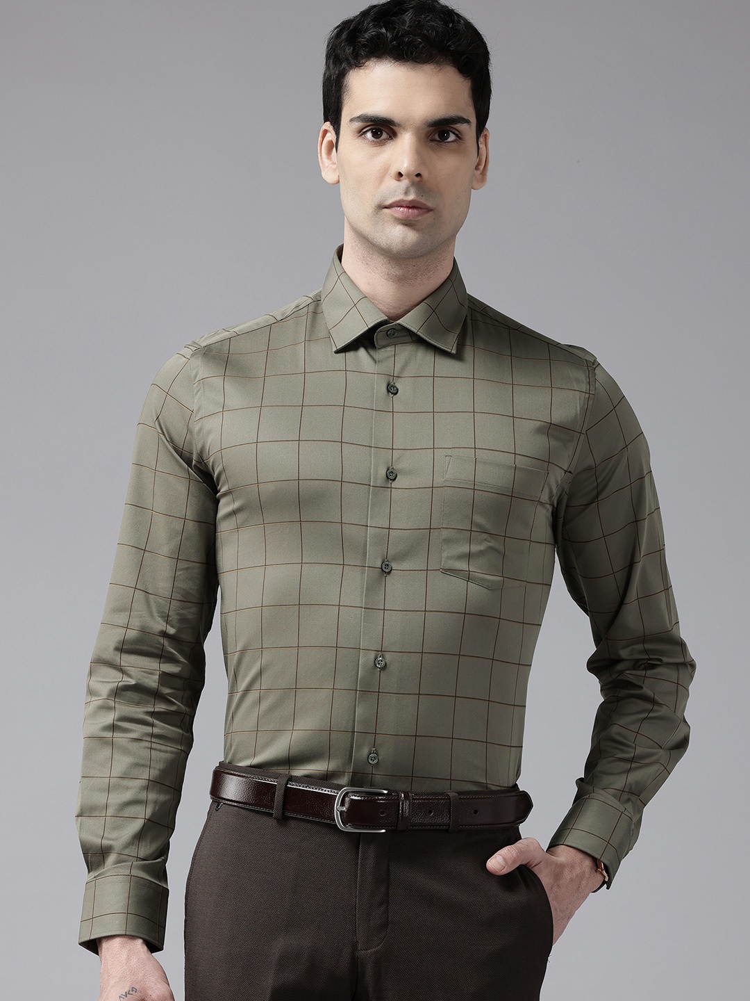 

Blackberrys India Slim Fit Windowpane Checks Pure Cotton Formal Shirt, Olive