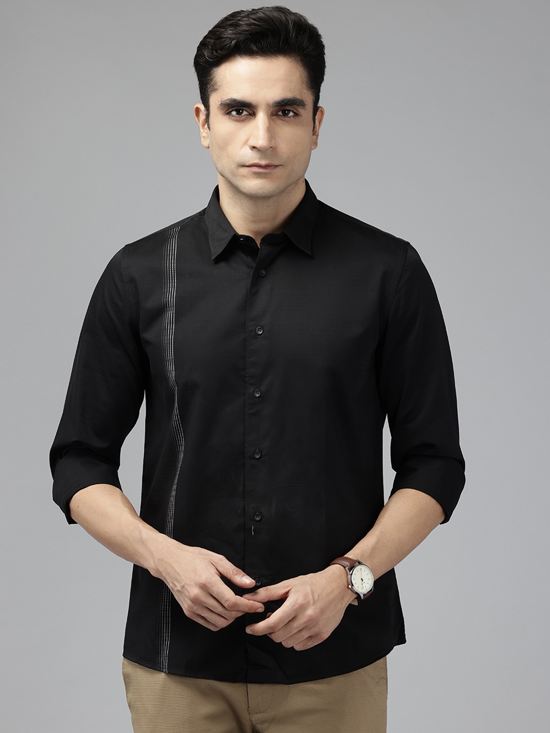 

Blackberrys Men Slim Fit Cotton Striped Casual Shirt, Black