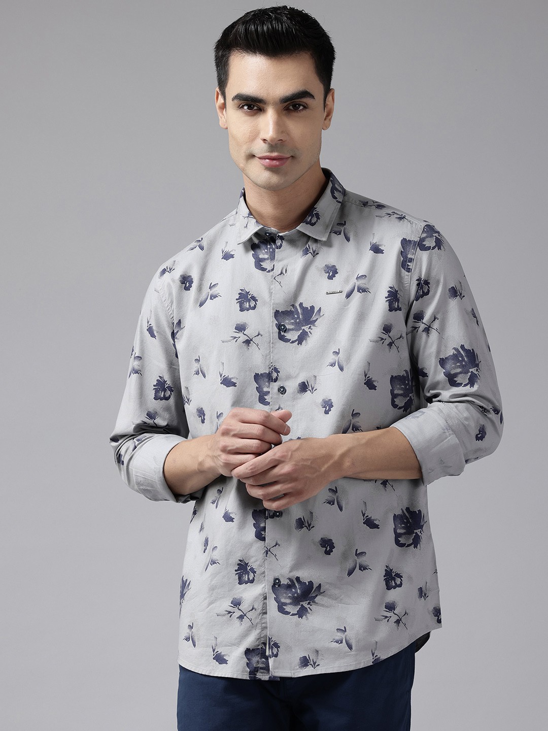 

Blackberrys Floral Print Pure Cotton Slim Fit Shirt, Grey