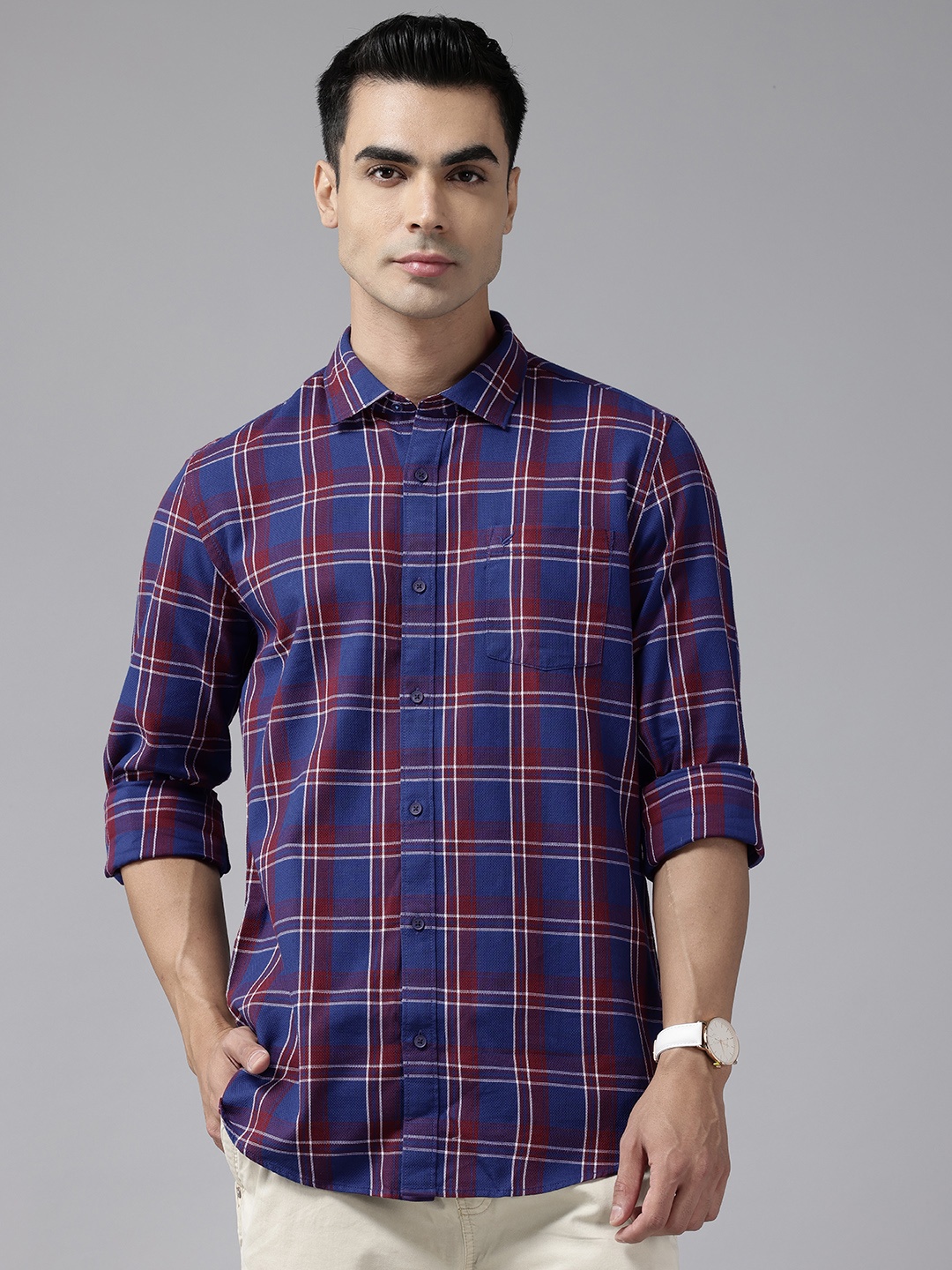 

Blackberrys Men Slim Fit Tartan Checked Pure Cotton Smart Casual Shirt, Navy blue