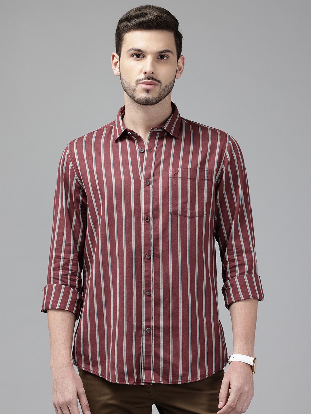 

Blackberrys Men Slim Fit Pure Cotton Striped Casual Shirt, Maroon