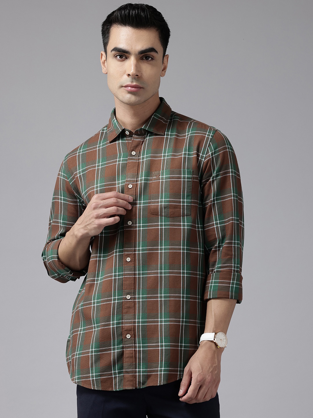 

Blackberrys Slim Fit Tartan Checked Pure Cotton Smart Casual Shirt, Brown
