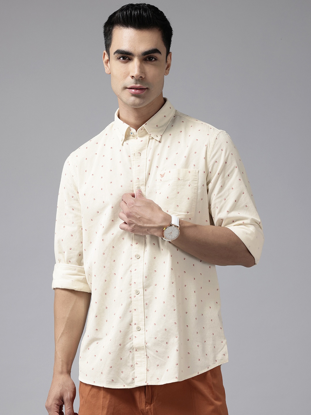 

Blackberrys Slim Fit Corduroy Pure Cotton Printed Shirt, Cream