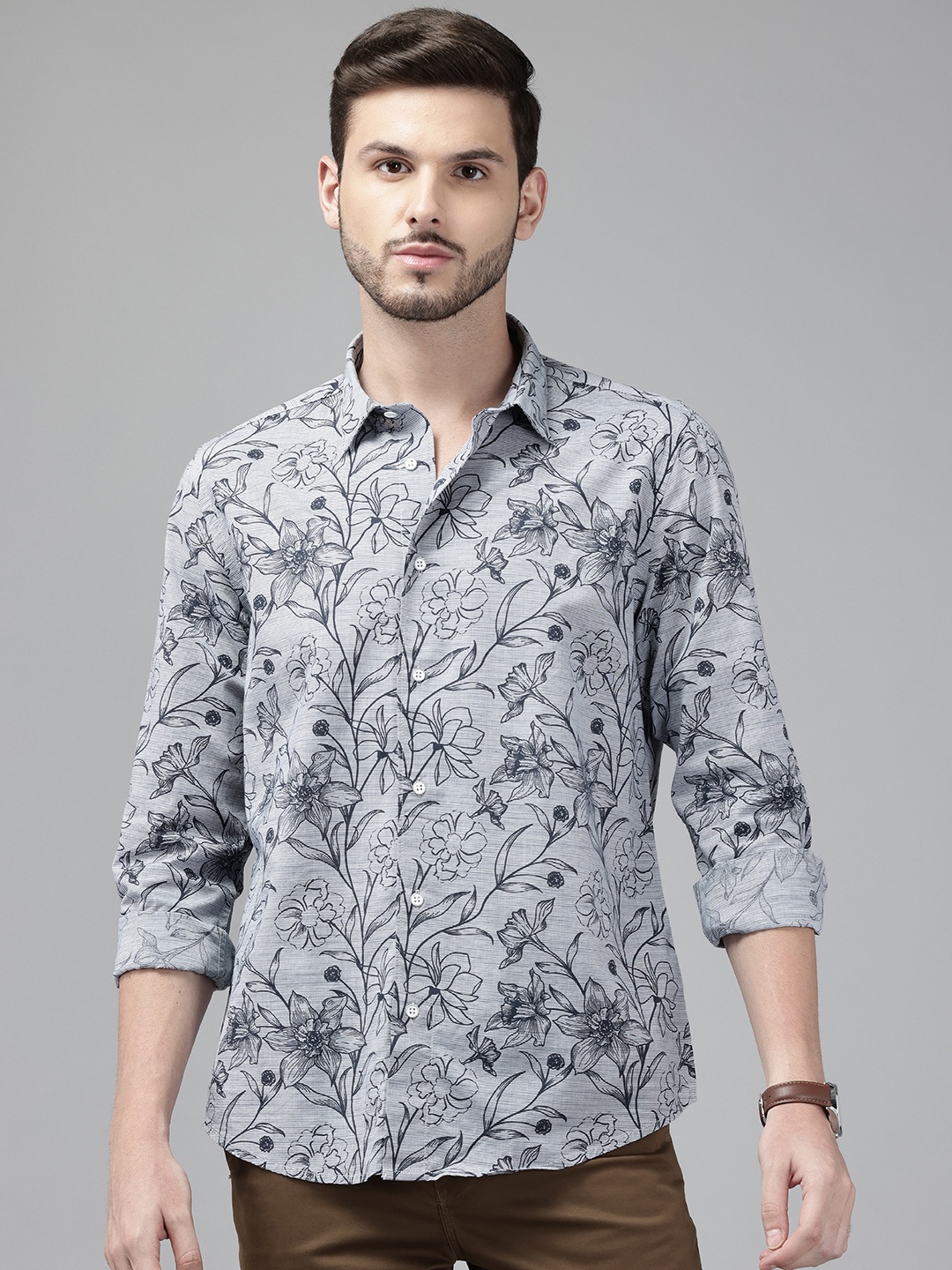 

Blackberrys Men Slim Fit Floral Pure Cotton Casual Shirt, Grey