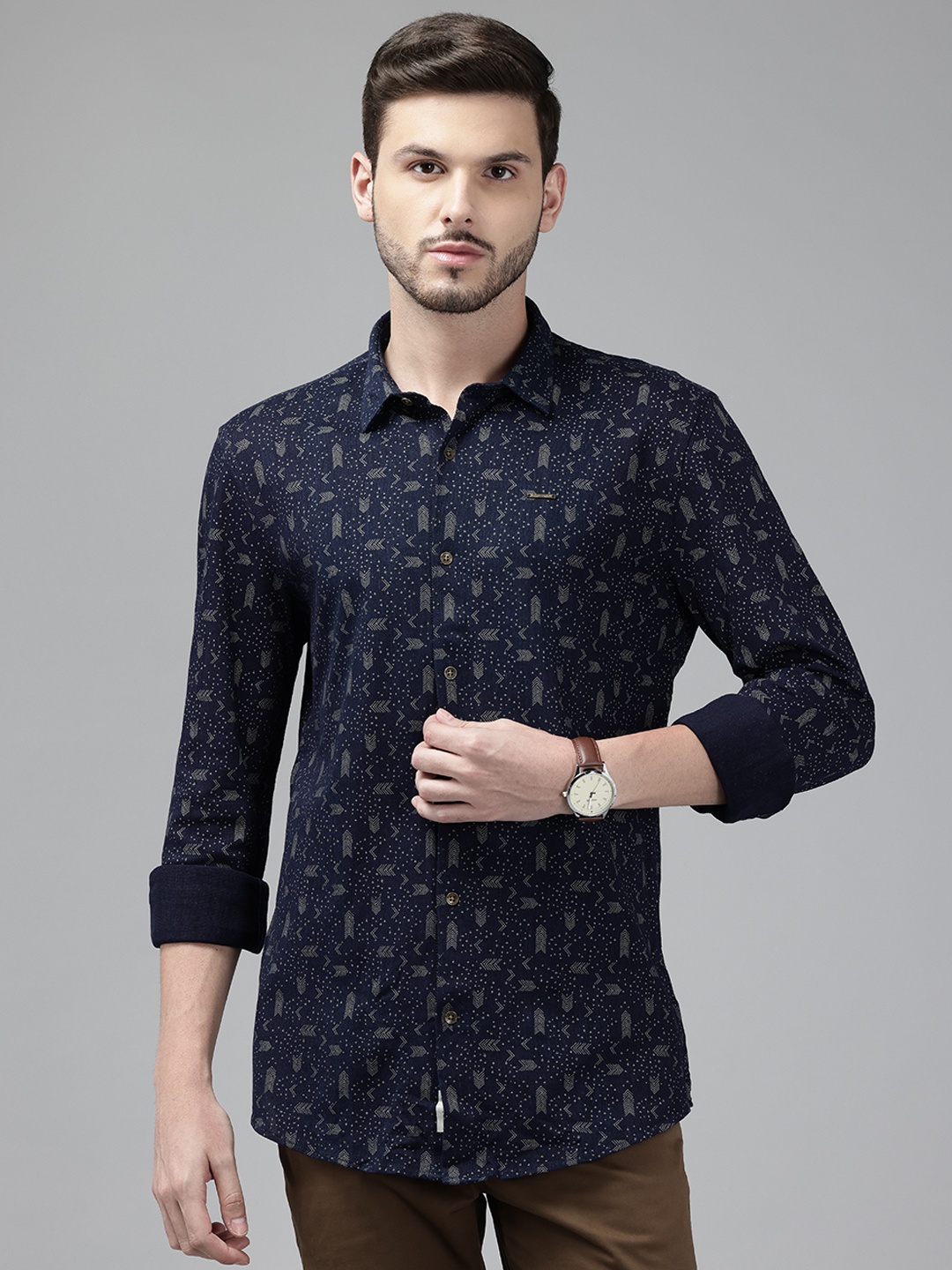 

Blackberrys Men Slim Fit Pure Cotton Printed Casual Shirt, Navy blue