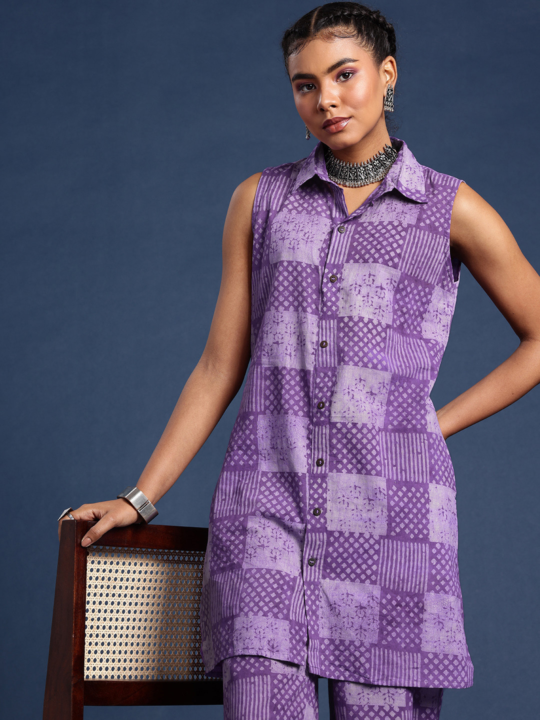 

Taavi Block Print Ethnic Motifs Printed Pure Cotton Tunic with Trousers, Purple