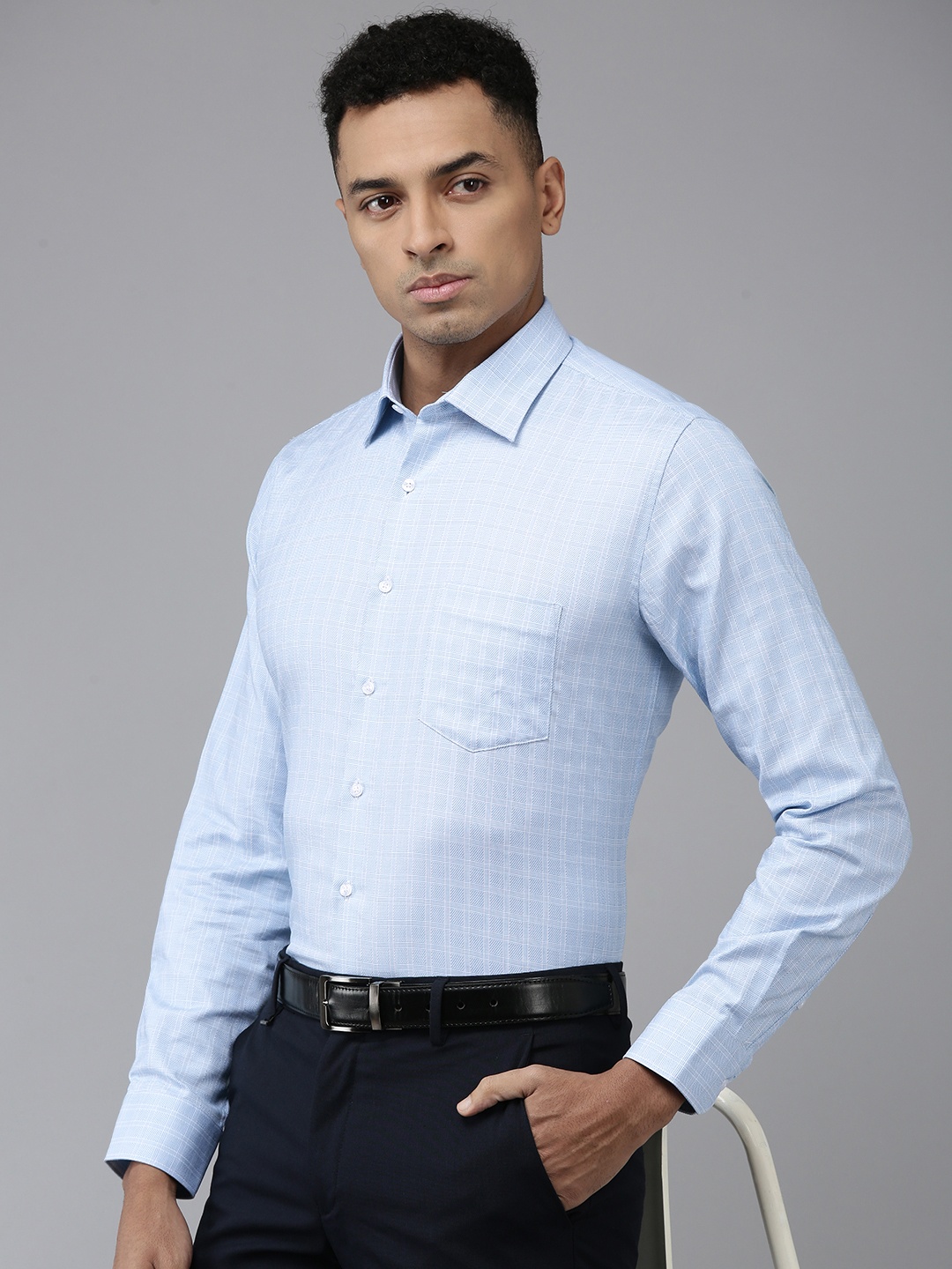 

Van Heusen Pure Cotton Slim Fit Opaque Self Checked Formal Shirt, Blue