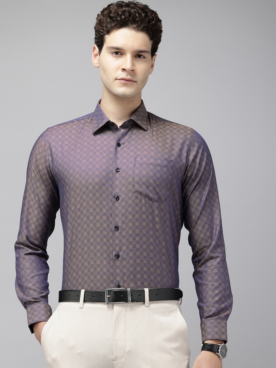 

Van Heusen Slim Fit Gingham Checks Opaque Pure Cotton Formal Shirt, Purple