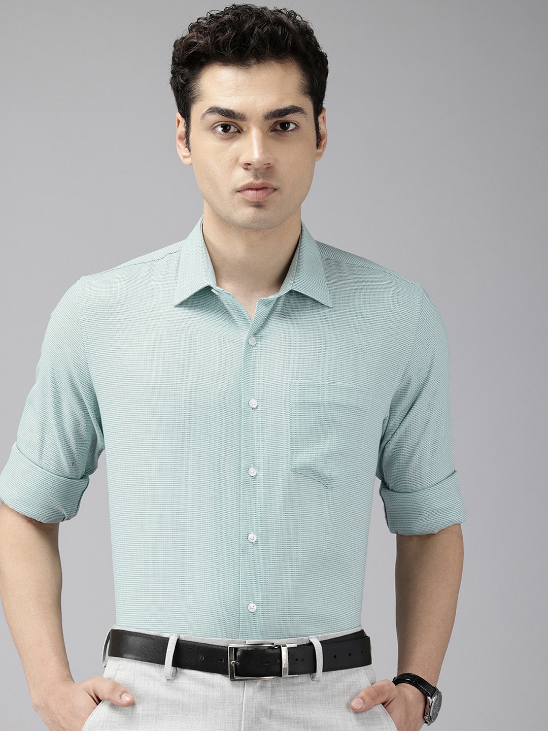 

Van Heusen Pure Cotton Self-Design Textured Slim Fit Formal Shirt, Sea green