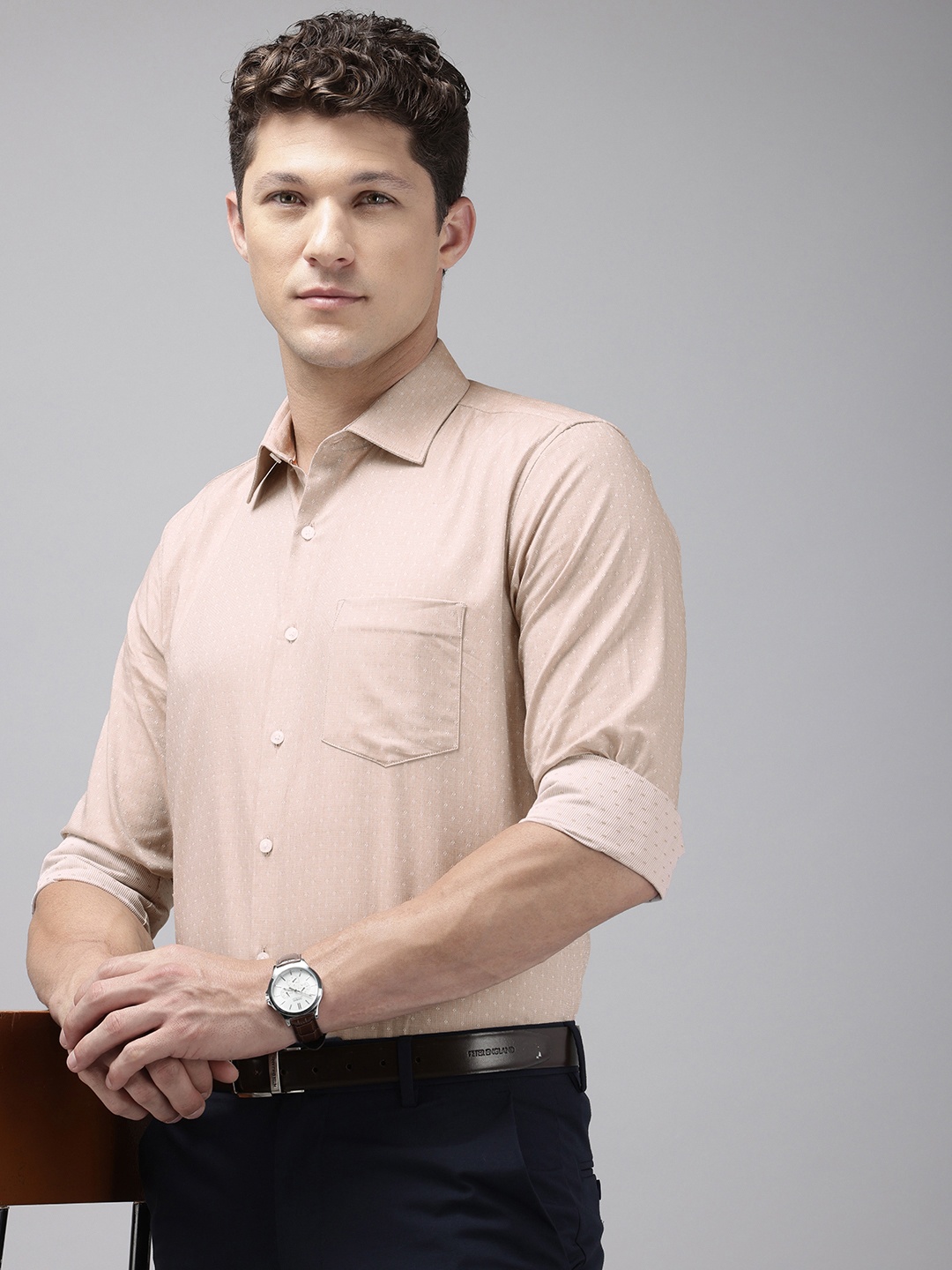 

Van Heusen Pure Cotton Slim Fit Self-Design Textured Formal Shirt, Beige