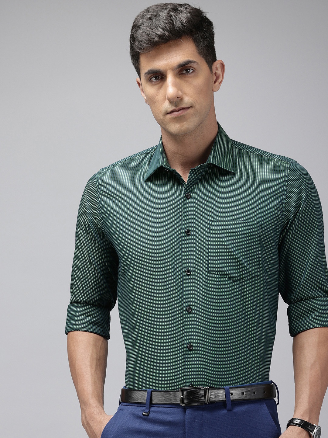 

Van Heusen Pure Cotton Self Design Checked Slim Fit Opaque Formal Shirt, Green