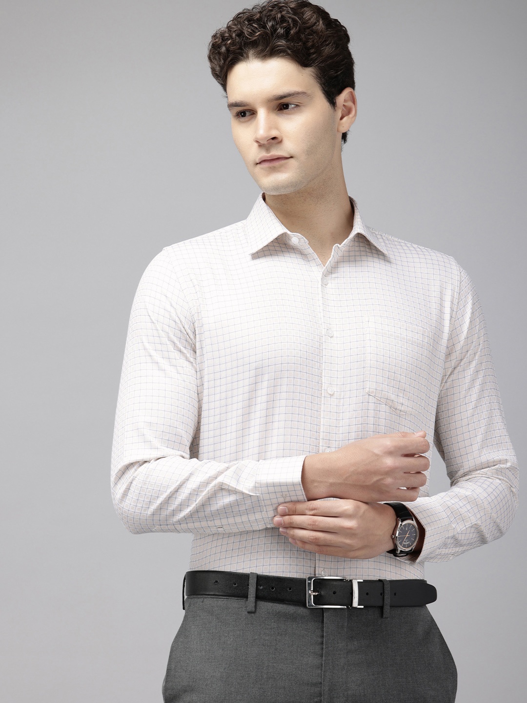 

Van Heusen Pure Cotton Slim Fit Textured Grid Tattersall Checks Formal Shirt, Cream