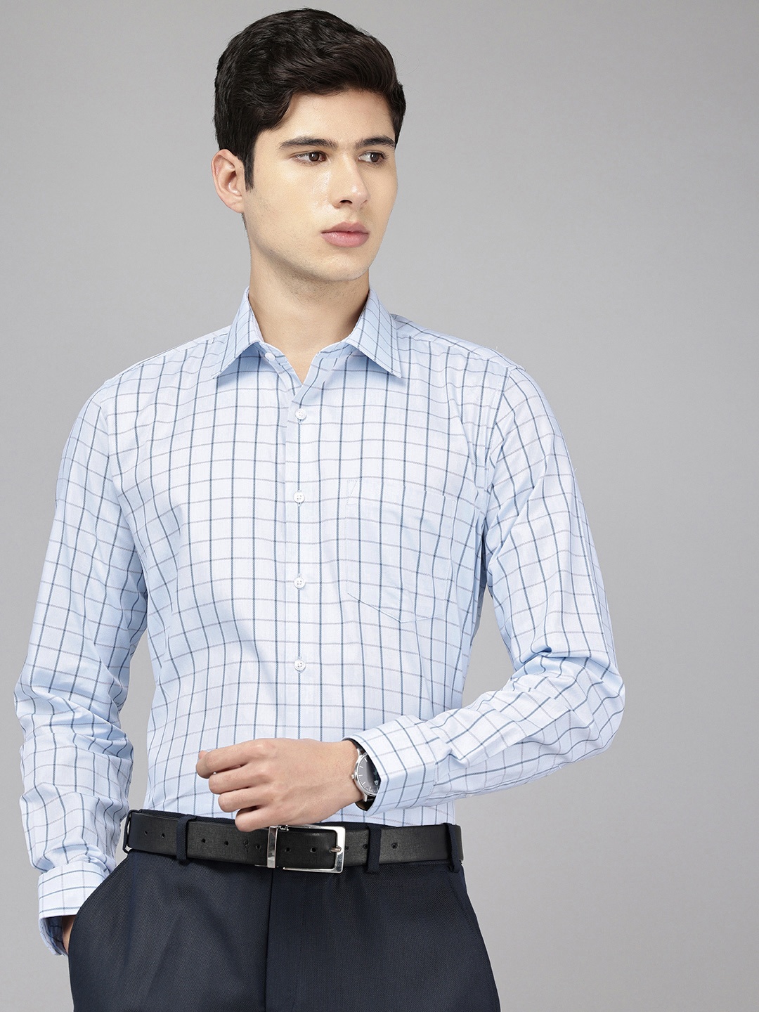 

Van Heusen Pure Cotton Slim Fit Self-Design Checked Formal Shirt, Blue