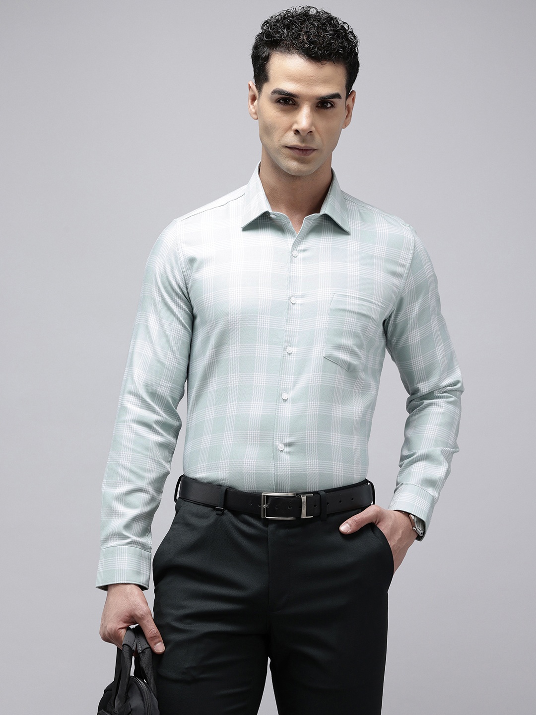 

Van Heusen Slim Fit Opaque Checked Pure Cotton Formal Shirt, Green