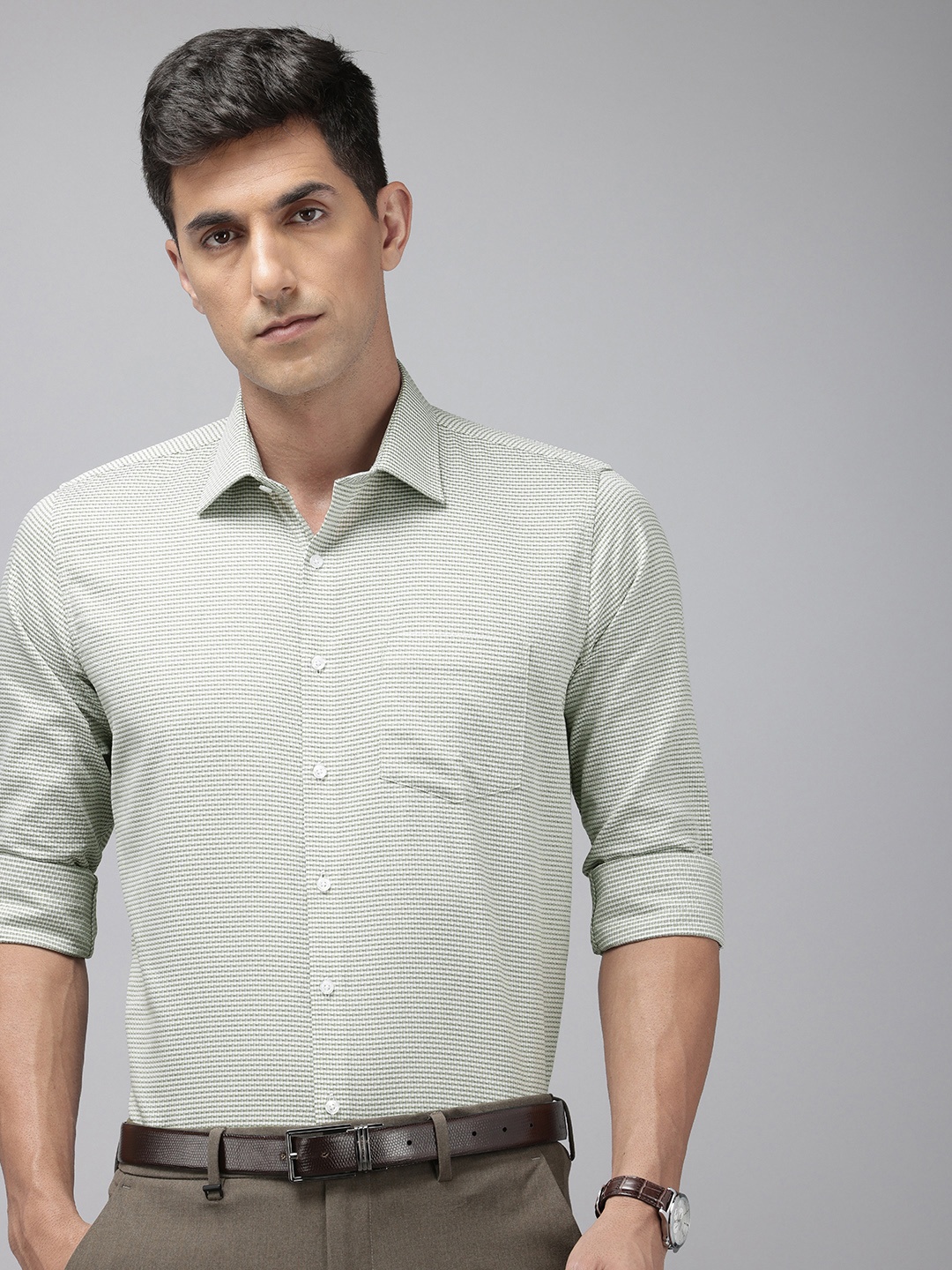 

Van Heusen Pure Cotton Self Design Textured Slim Fit Opaque Formal Shirt, Green