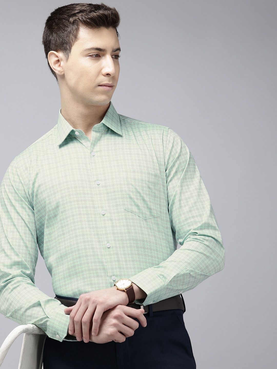 

Van Heusen Pure Cotton Slim Fit Opaque Checked Formal Shirt, Green