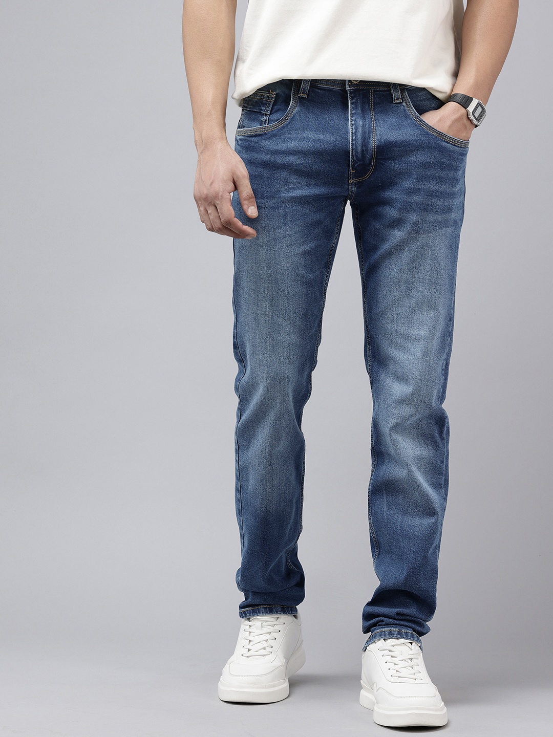 

VAN HEUSEN DENIM LABS Men Pop Slim Fit Heavy Fade Stretchable Jeans, Blue