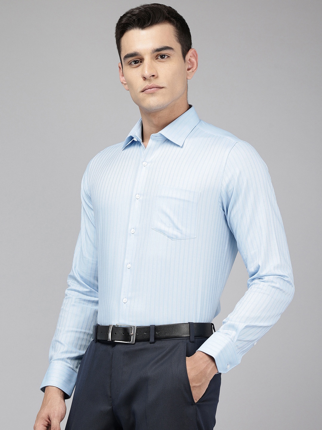 

Van Heusen Pure Cotton Slim Fit Self-Design Striped Formal Shirt, Blue