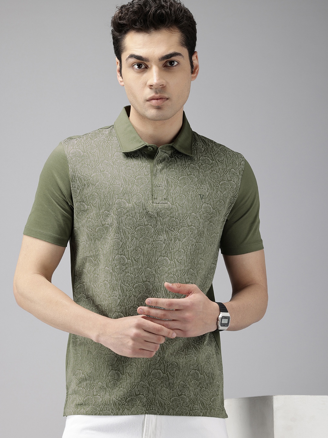 

Van Heusen Sport Floral Printed Polo Collar Pure Cotton Slim Fit T-shirt, Green
