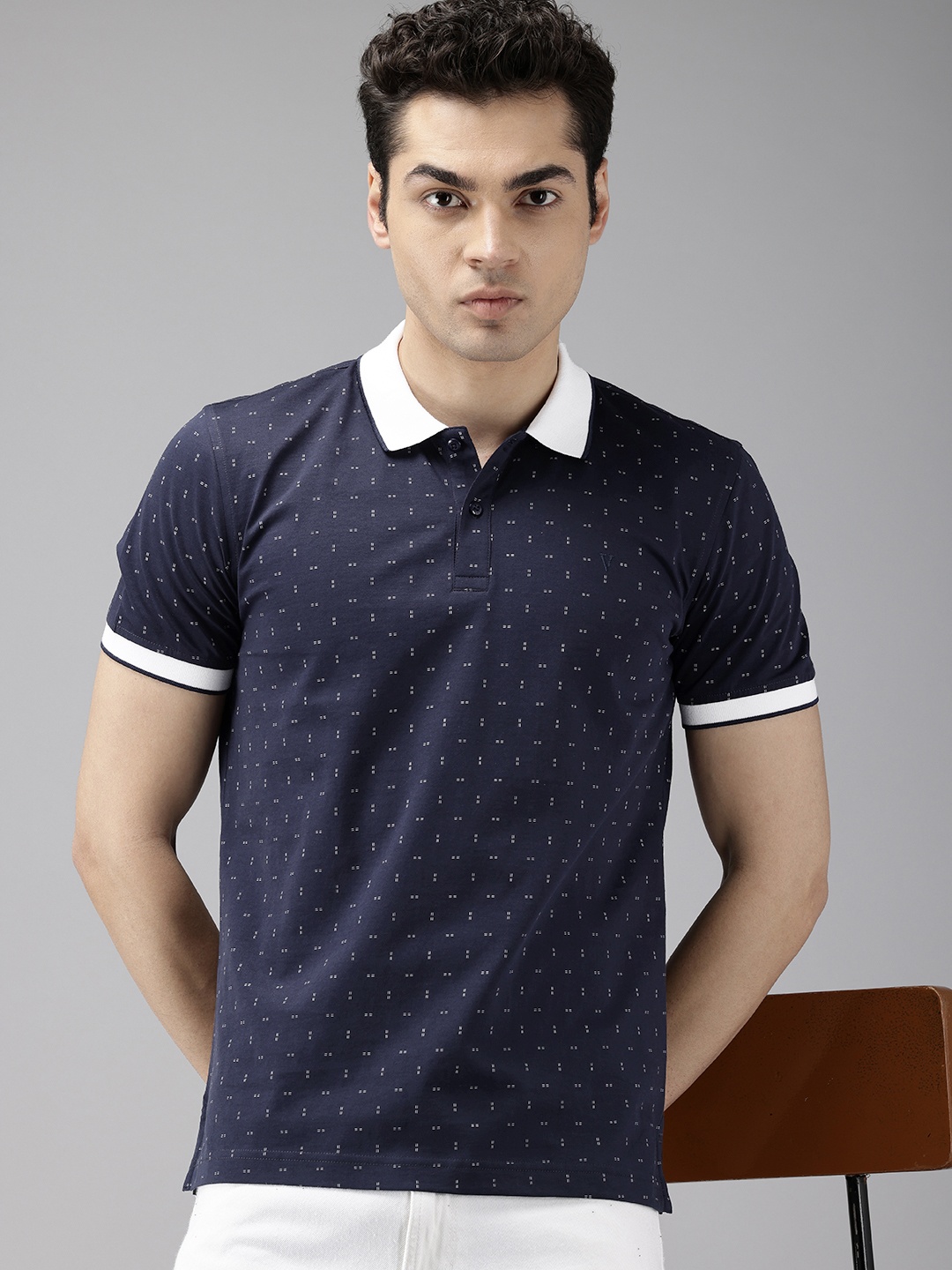 

Van Heusen Sport Geometric Printed Polo Collar Pure Cotton Slim Fit T-shirt, Navy blue