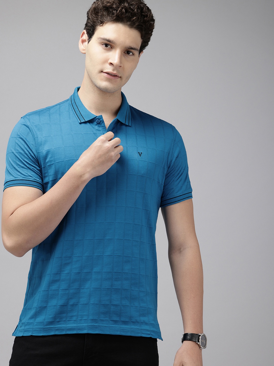 

Van Heusen Sport Self Checked Polo Collar Pure Cotton Slim Fit T-shirt, Blue