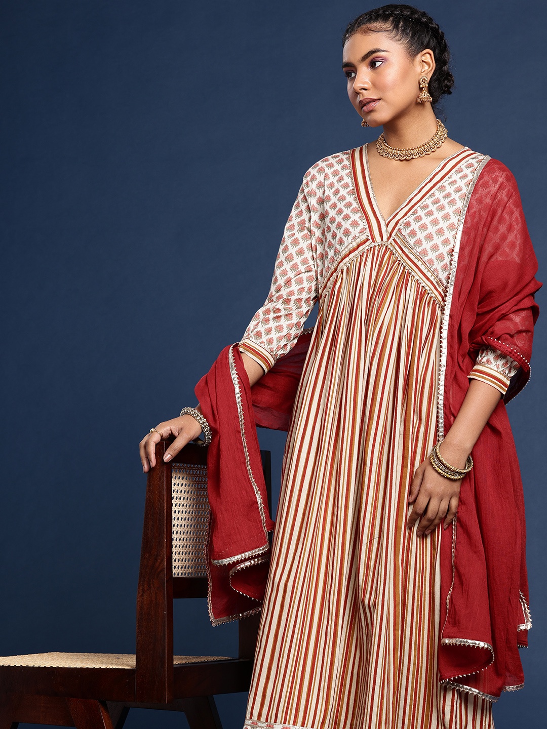 

Taavi Hand Block Printed Empire Gotta Patti Pure Cotton Kurta With Trousers & Dupatta, Red
