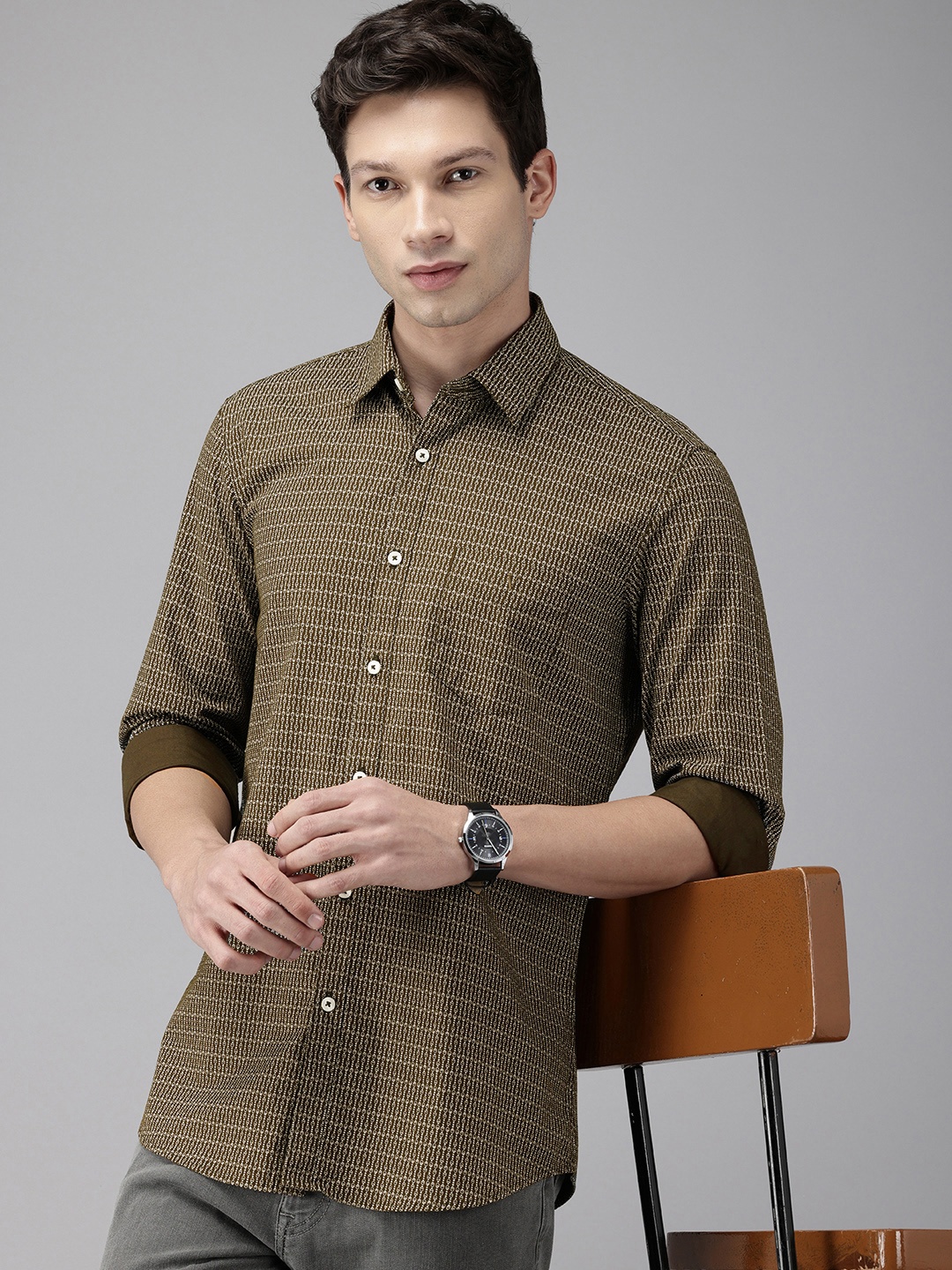 

Van Heusen Sport Pure Cotton Slim Fit Opaque Printed Casual Shirt, Olive