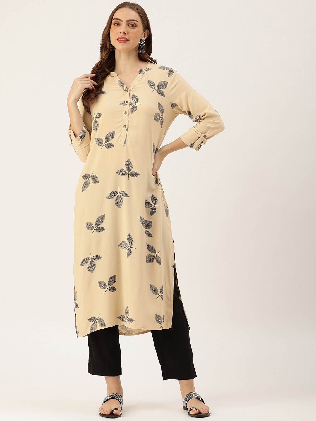 

Amukti Women Leaf Printed Straight Kurta, Beige