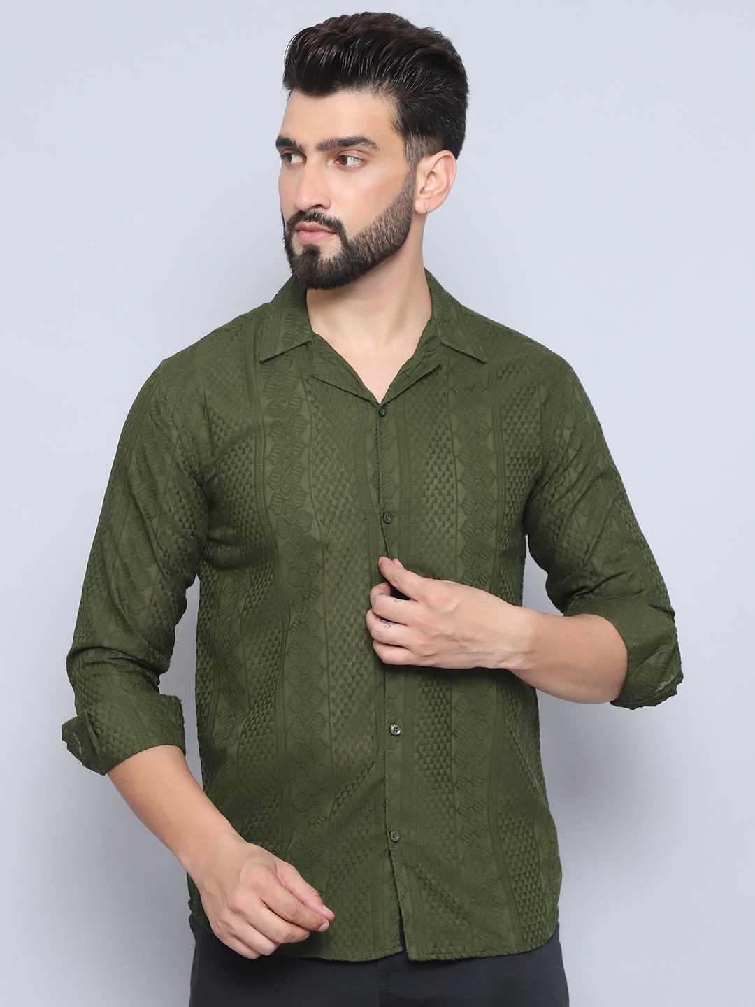 

Indian Needle Men Classic Cuban Collar Abstract Printed Cotton Casual Shirt, Olive
