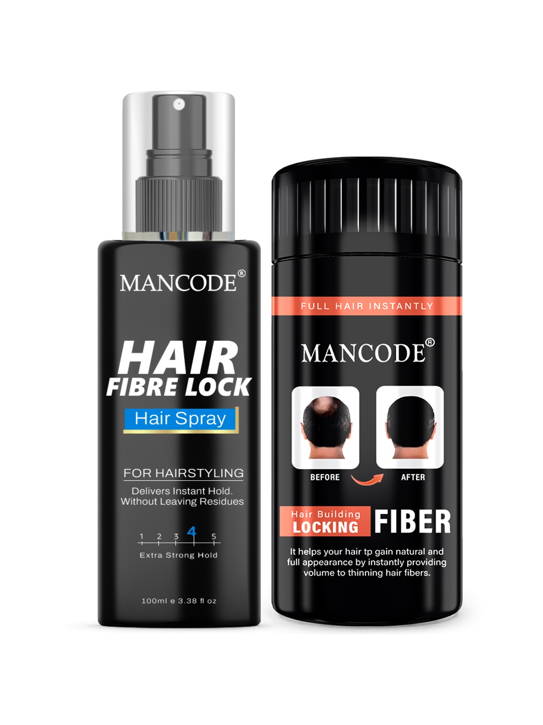 

MANCODE Pack Of 2 Hair Building Fiber 20g & Hair Fibre Lock Spray 100ml, Black