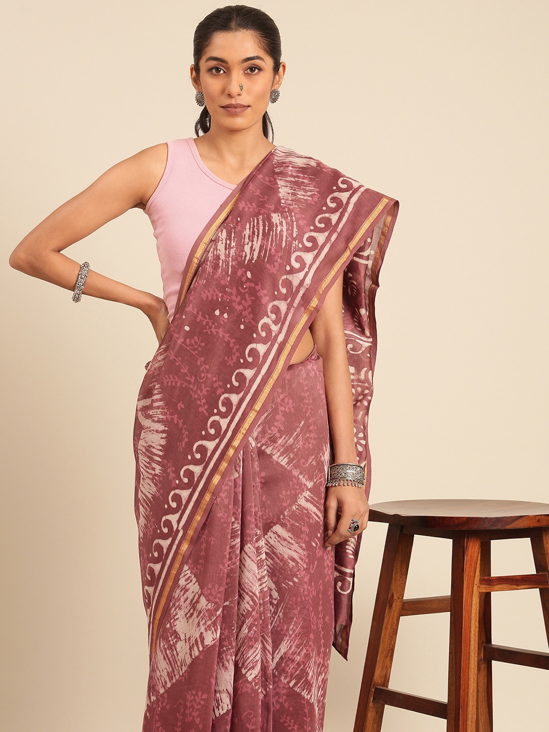 

Taavi Dabu Printed Silk Cotton Chanderi Saree, Mauve