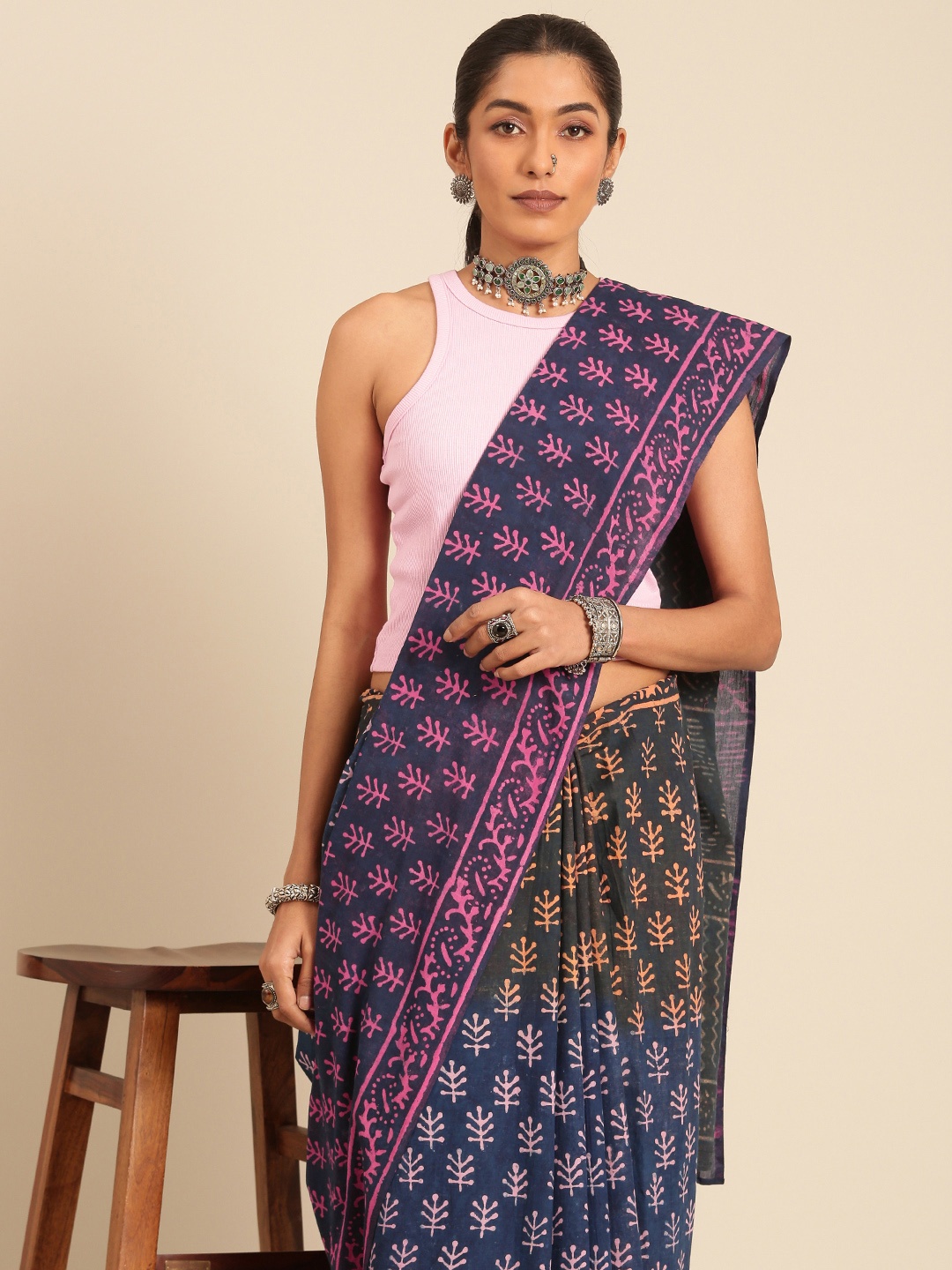 

Taavi Pure Cotton Dabu Saree, Blue