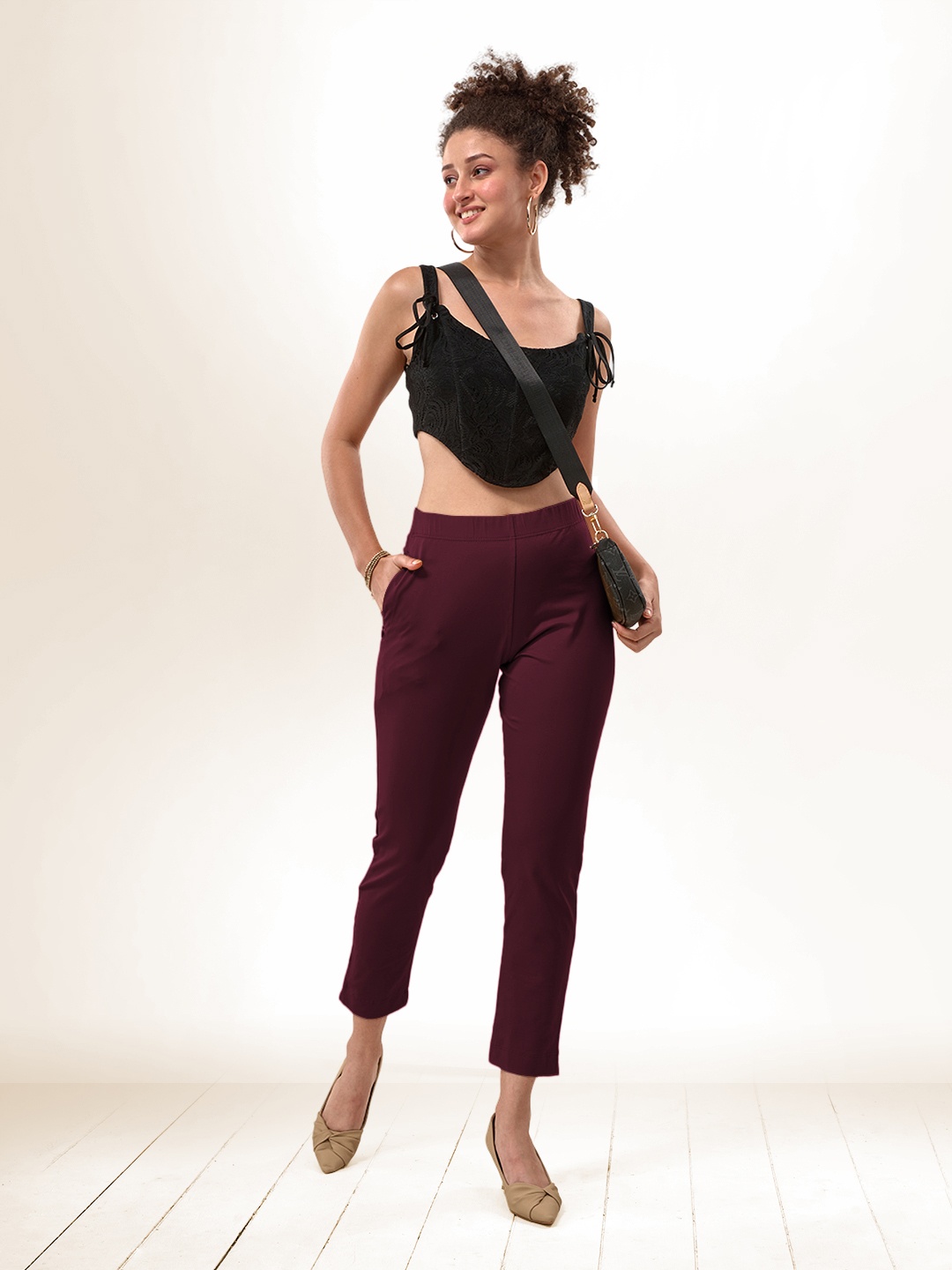 

LYRA Women Relaxed Straight Leg Straight Fit Trousers, Maroon