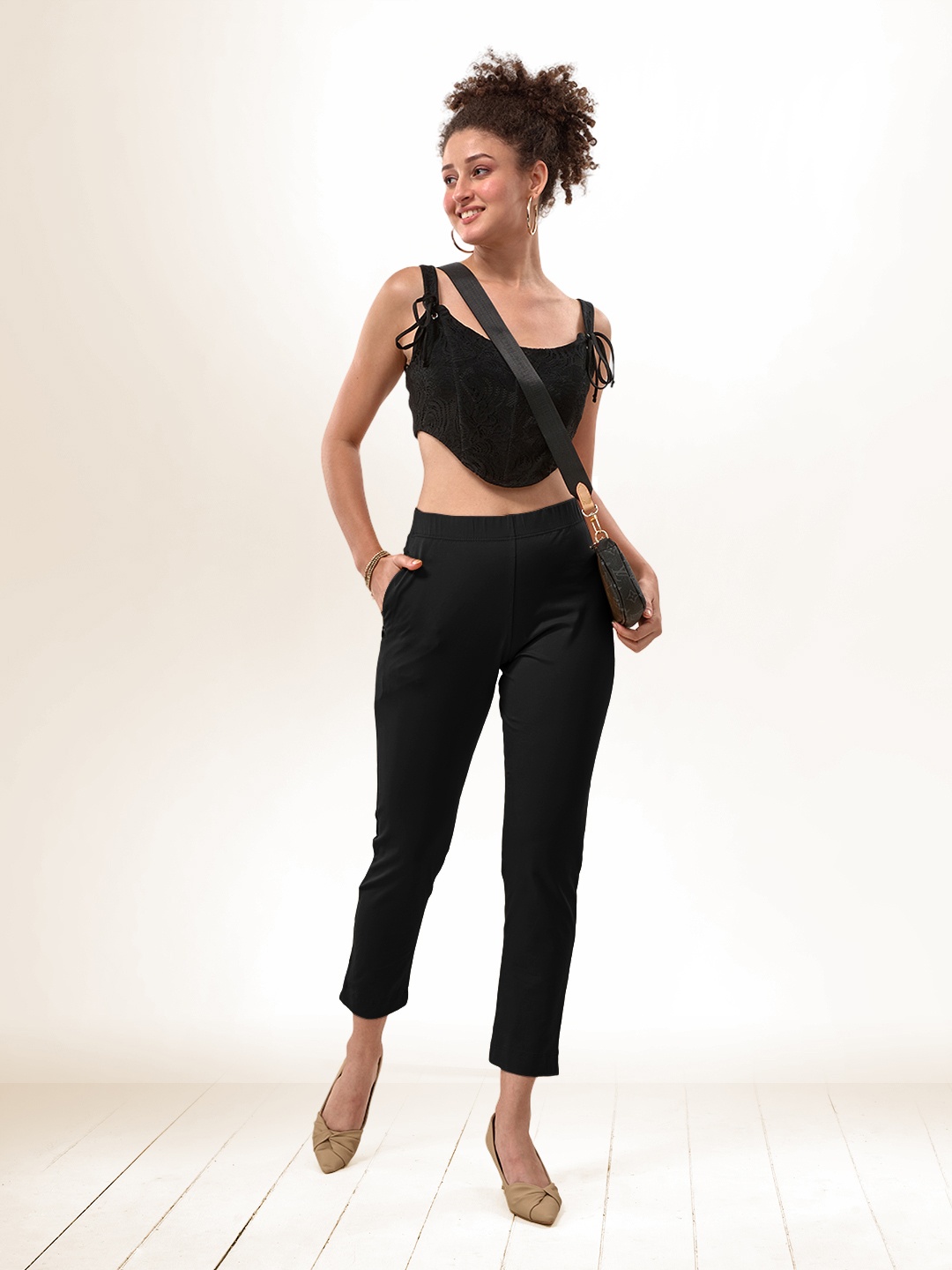 

LYRA Women Relaxed Straight Leg Straight Fit High Rise Trousers, Black