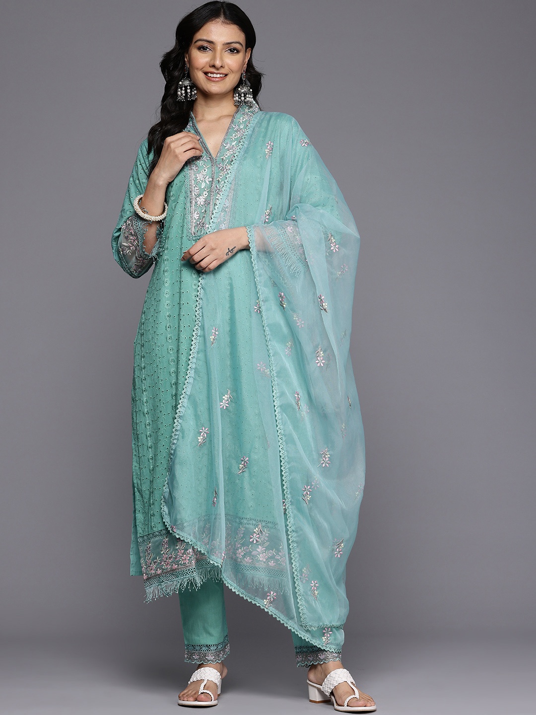 

Varanga Floral Embroidered Thread Work Kurta With Trousers & Dupatta, Turquoise blue