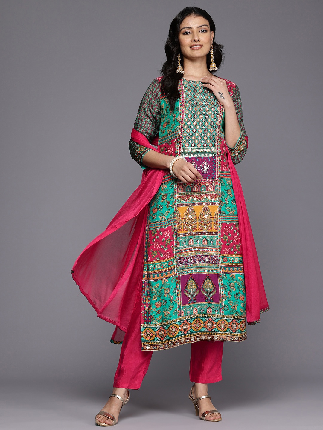 

Varanga Ethnic Motifs Printed Sequinned Pure Silk Kurta With Trousers & Dupatta, Fuchsia