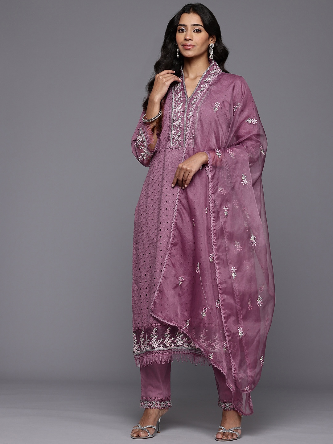 

Varanga Floral Embroidered Thread Work Kurta With Trousers & Dupatta, Purple