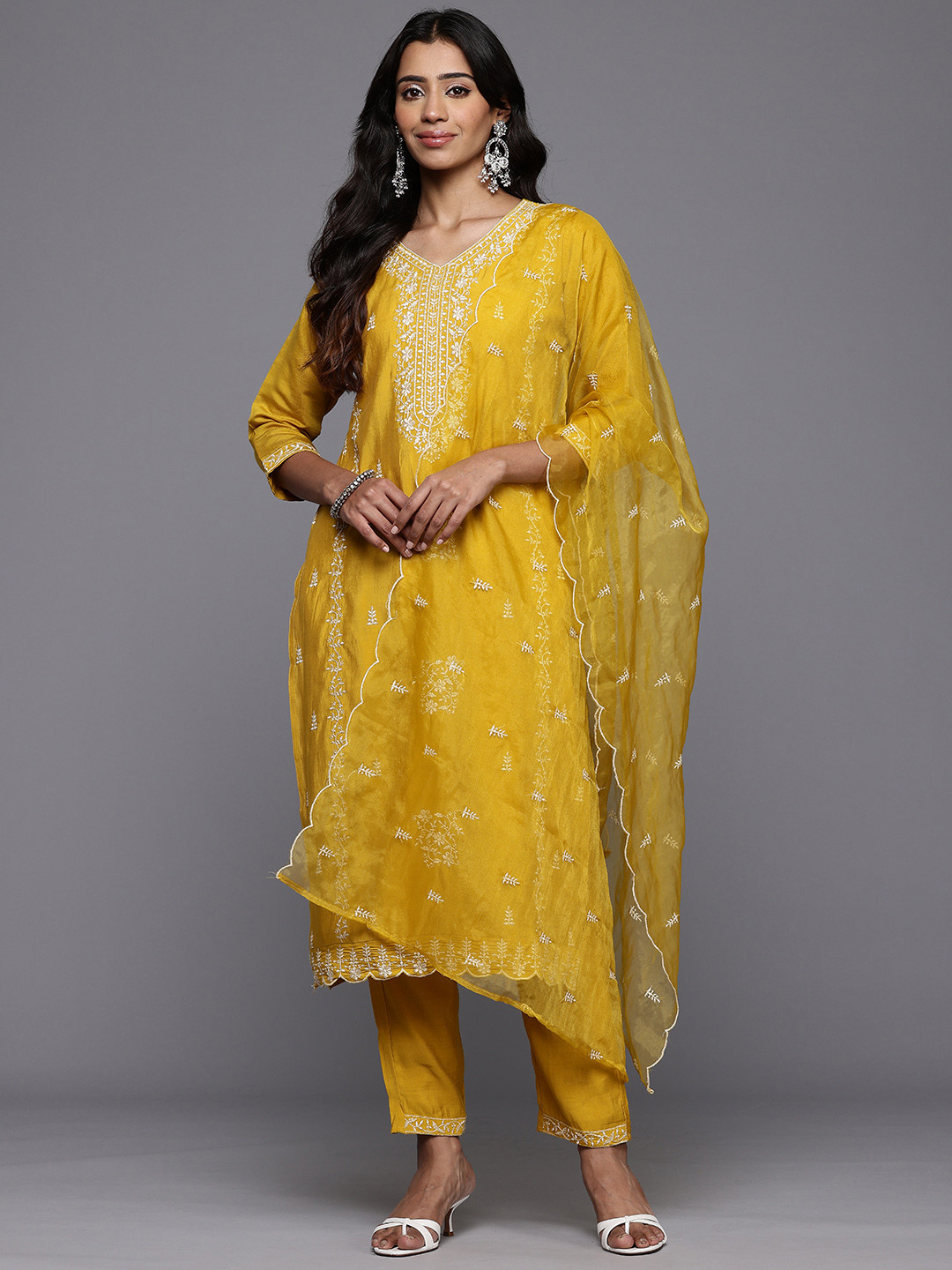 

Varanga Floral Embroidered Panelled Thread Work Kurta With Trousers & Dupatta, Mustard