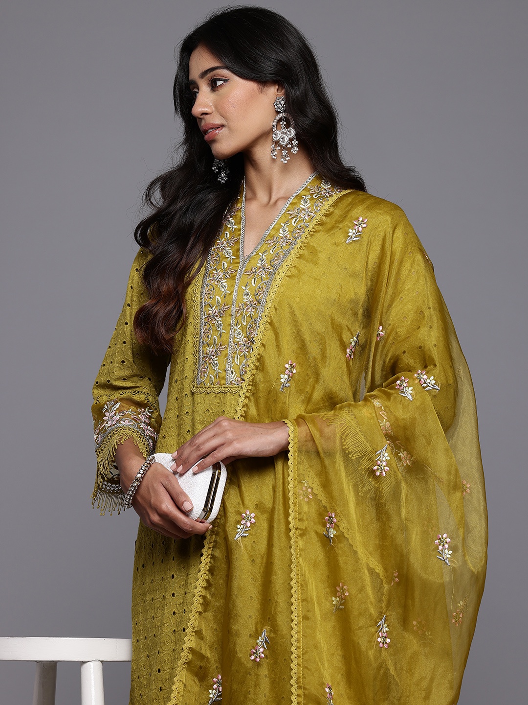 

Varanga Floral Embroidered Thread Work Kurta With Trousers & Dupatta, Mustard
