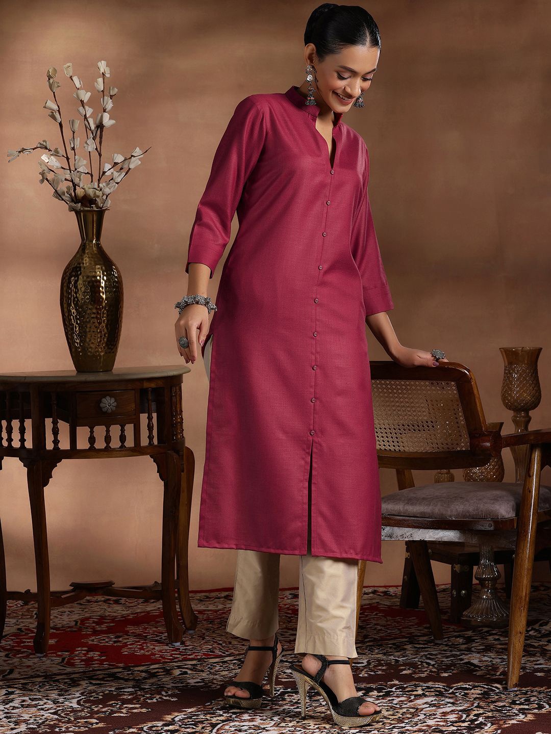 

Libas Mandarin Collar A-Line Kurta, Maroon