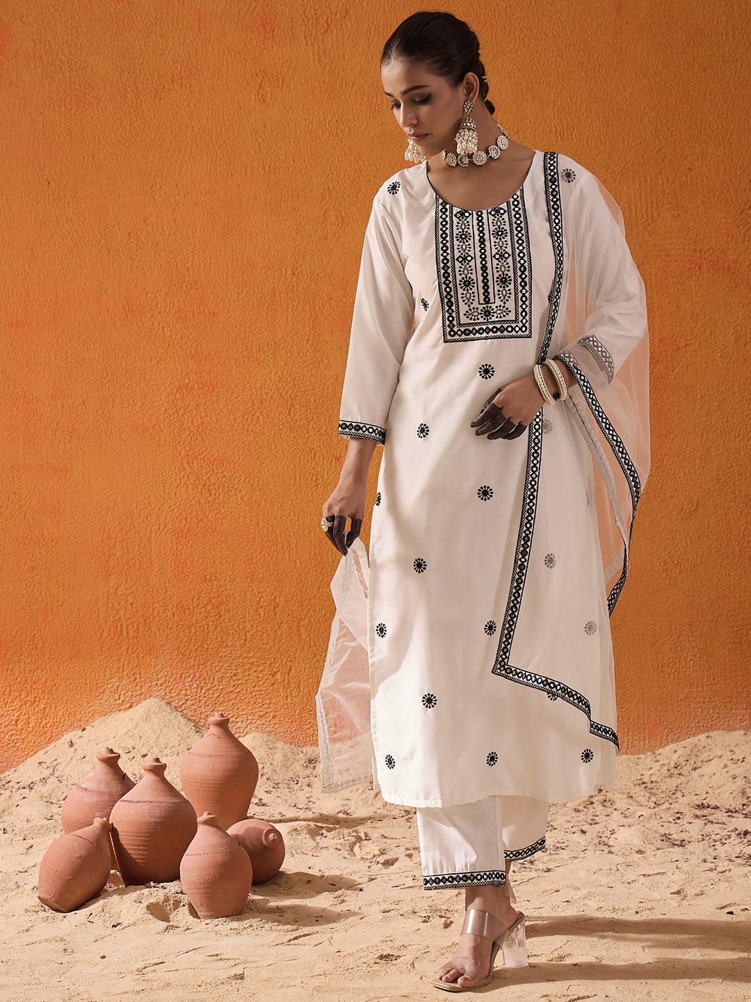 

Indo Era White Floral Embroidered Straight Kurta with Trousers & Dupatta
