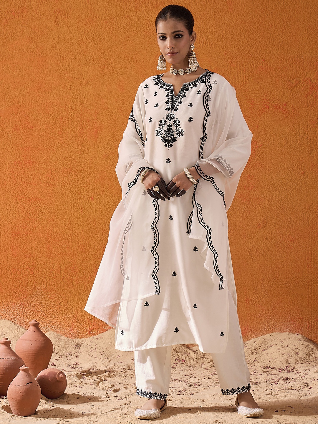 

Indo Era White Floral Embroidered Notch Neck Straight Kurta with Trousers & Dupatta
